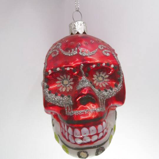 Day of the Dead Skull Head Glitter Glass Christmas Ornament - 3.5" - Red